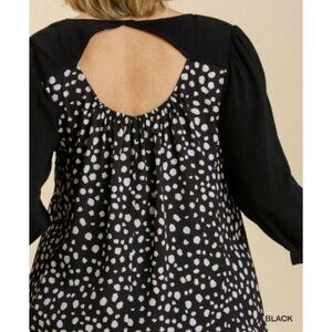 New Umgee Top Black Linen Blend Cut Out Polka Dot Plus Size Boho Peasant